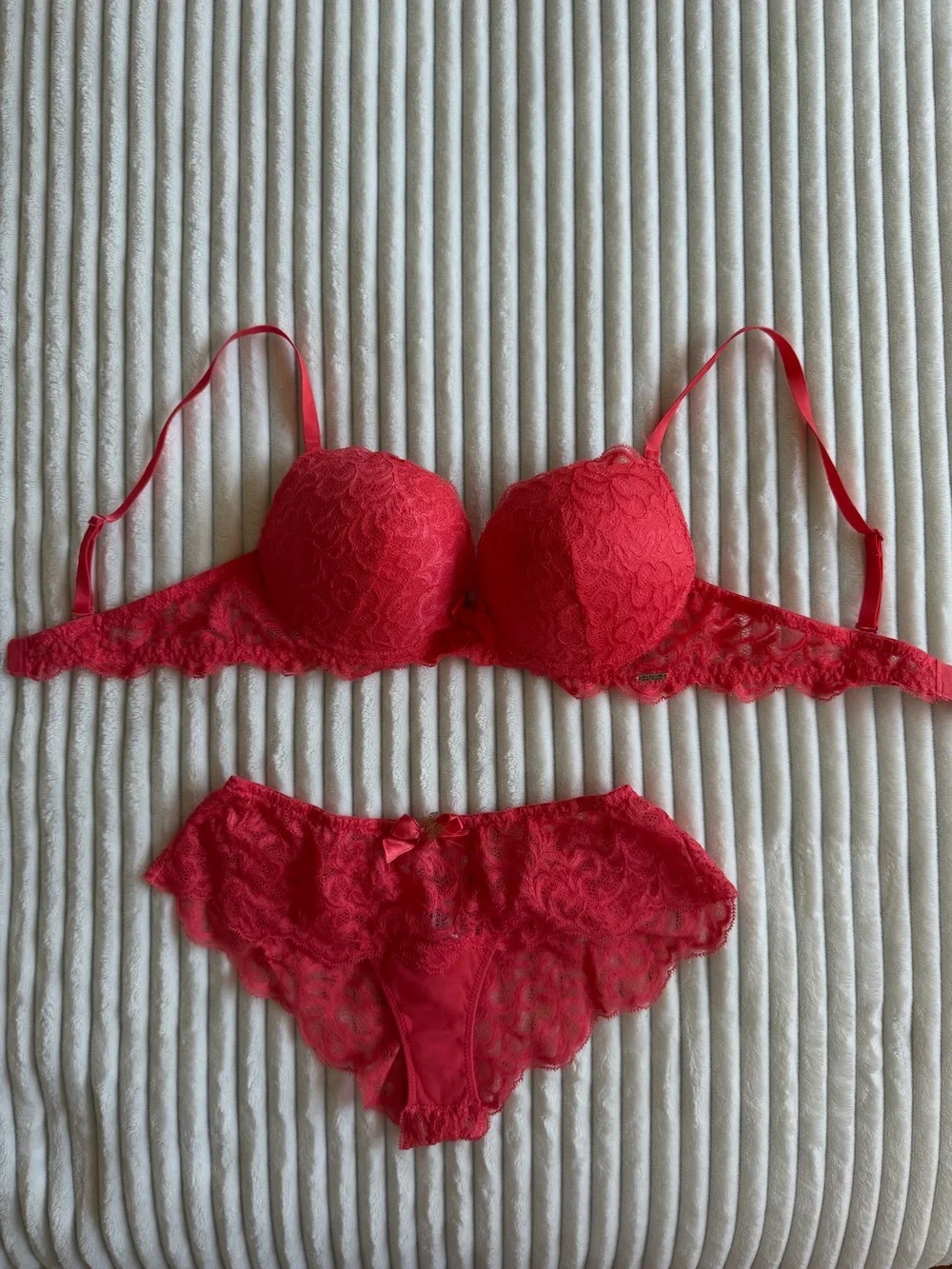 Coral Lace Push-Up Bra and Matching Bikini Panty Set